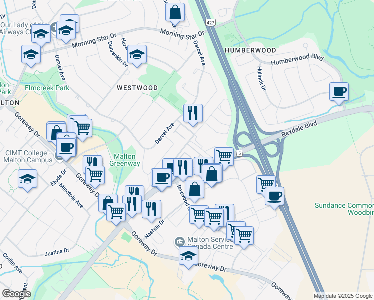 map of restaurants, bars, coffee shops, grocery stores, and more near in Mississauga