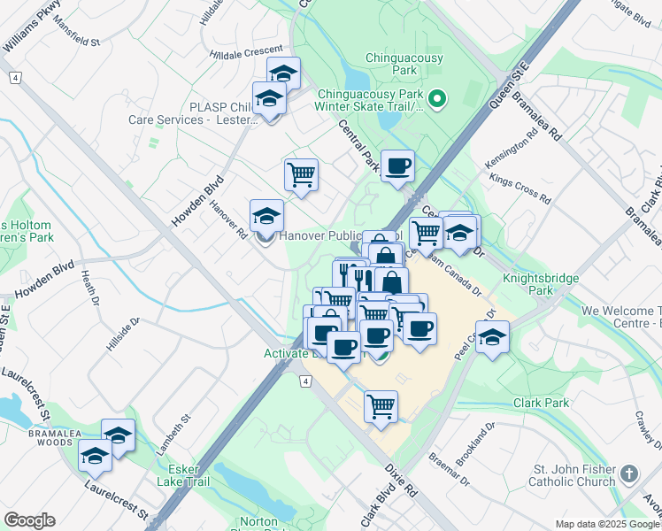 map of restaurants, bars, coffee shops, grocery stores, and more near in Brampton