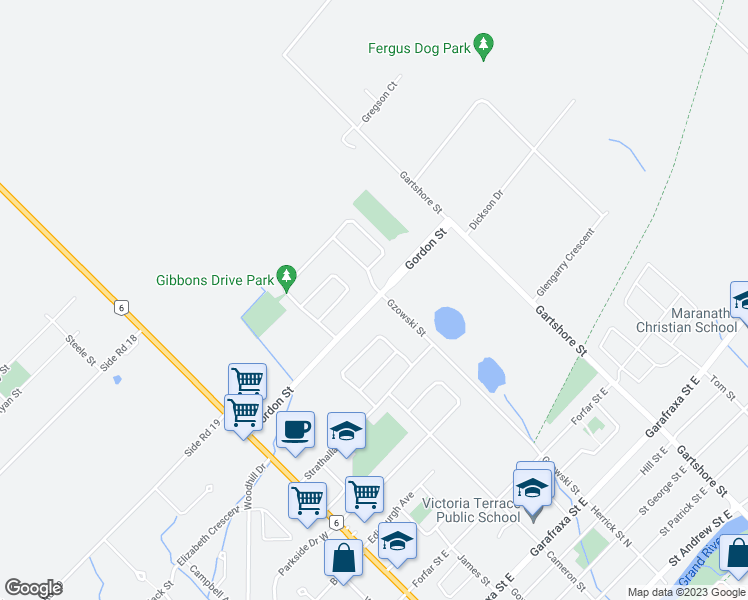 map of restaurants, bars, coffee shops, grocery stores, and more near 355 Gordon Street in Fergus