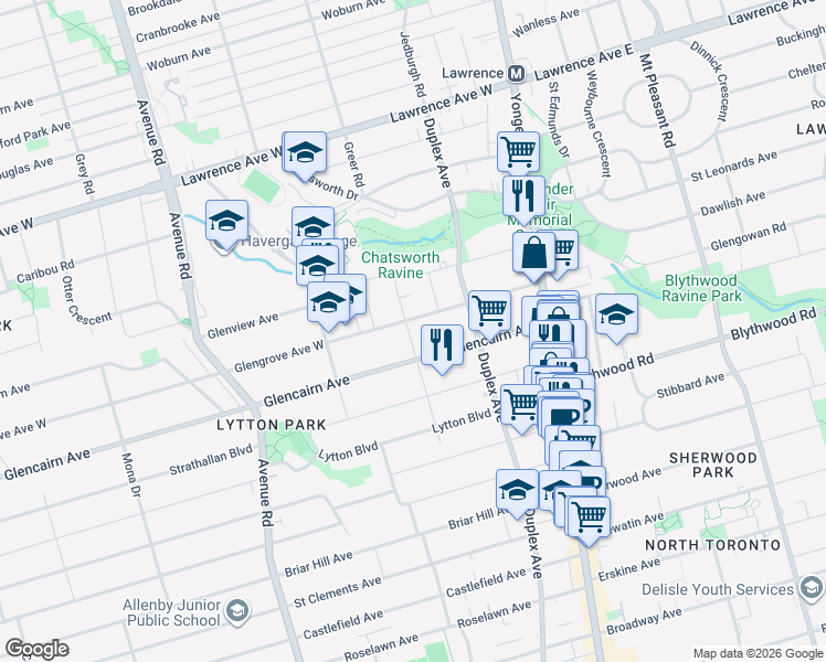 map of restaurants, bars, coffee shops, grocery stores, and more near 17 Heather Street in Toronto