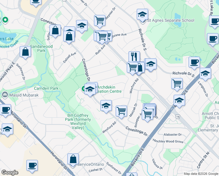 map of restaurants, bars, coffee shops, grocery stores, and more near 36 Ebby Avenue in Brampton
