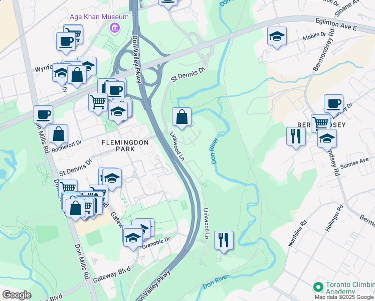 map of restaurants, bars, coffee shops, grocery stores, and more near 5 Shady Golfway in Toronto