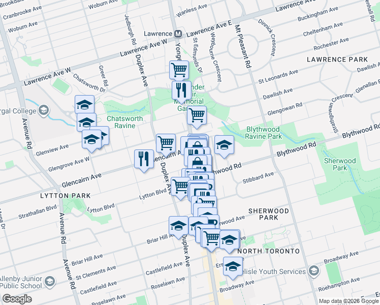 map of restaurants, bars, coffee shops, grocery stores, and more near 2730 Yonge Street in Toronto