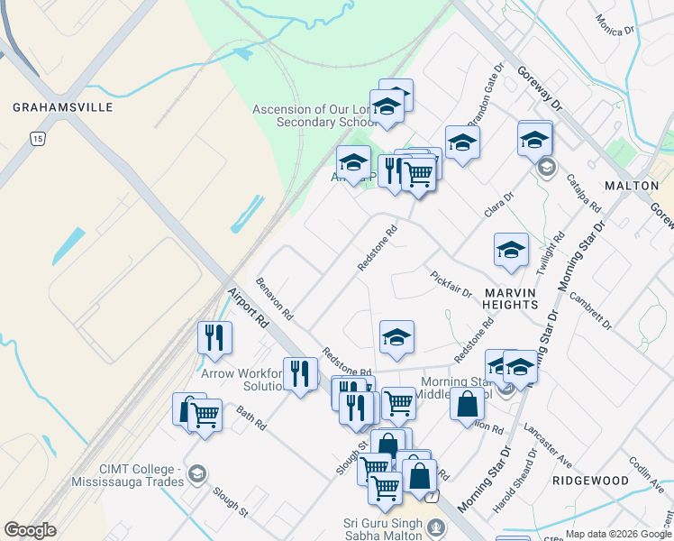 map of restaurants, bars, coffee shops, grocery stores, and more near in Mississauga