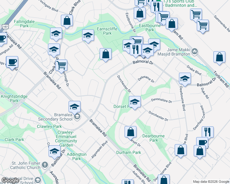 map of restaurants, bars, coffee shops, grocery stores, and more near in Brampton