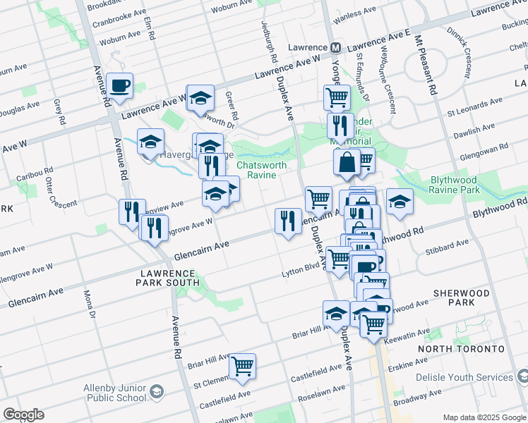 map of restaurants, bars, coffee shops, grocery stores, and more near 20 Heather Street in Toronto
