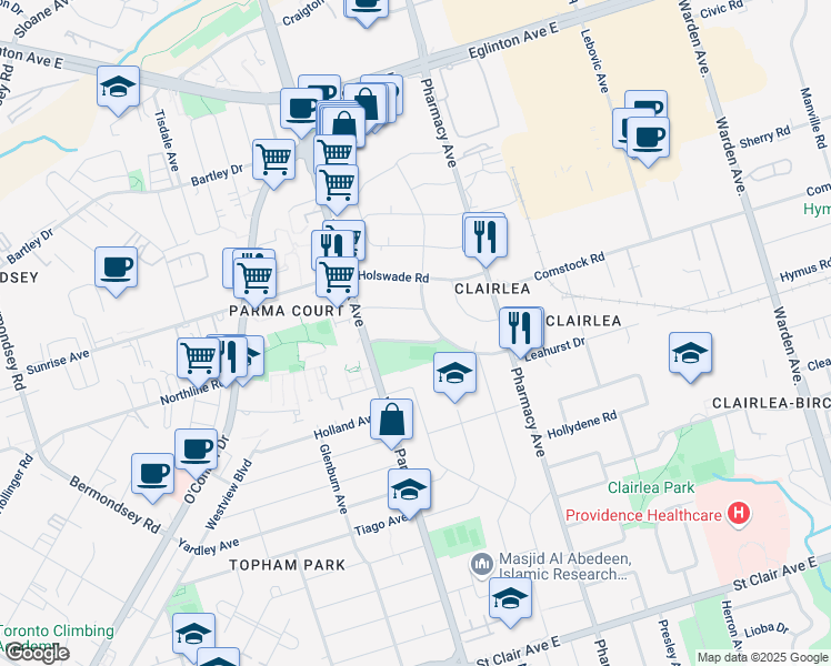 map of restaurants, bars, coffee shops, grocery stores, and more near 18 Edge Park Avenue in Toronto