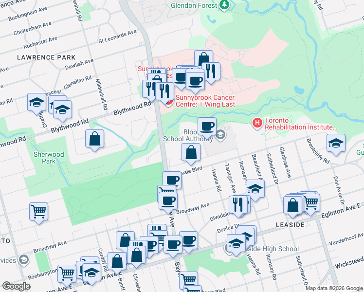 map of restaurants, bars, coffee shops, grocery stores, and more near 20 Burkebrook Place in Toronto