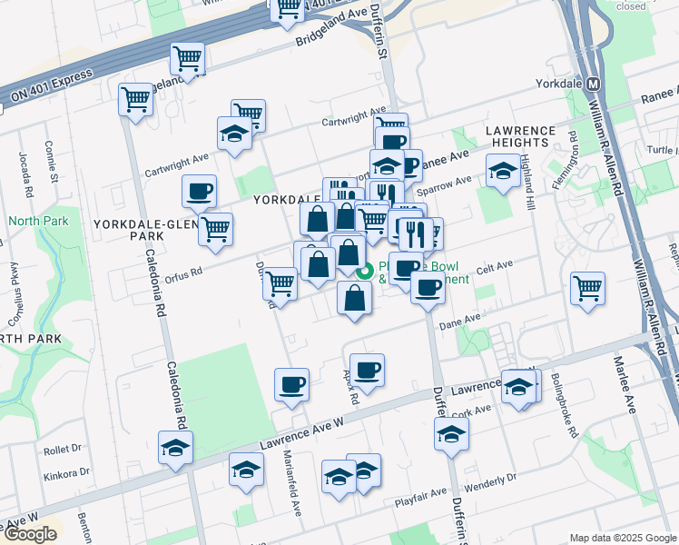 map of restaurants, bars, coffee shops, grocery stores, and more near 45 Samor Road in Toronto