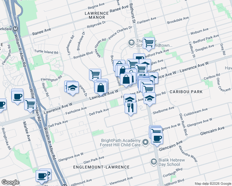 map of restaurants, bars, coffee shops, grocery stores, and more near 54 Fairholme Avenue in Toronto