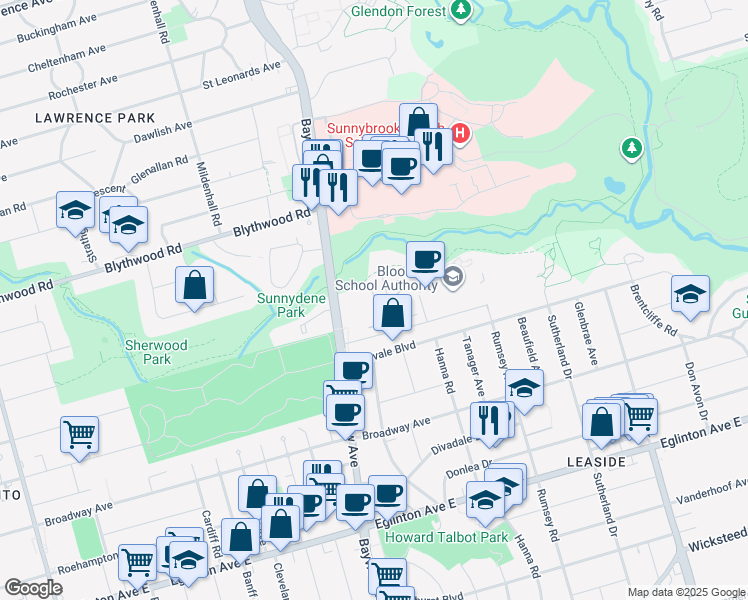 map of restaurants, bars, coffee shops, grocery stores, and more near 20 Burkebrook Place in Toronto