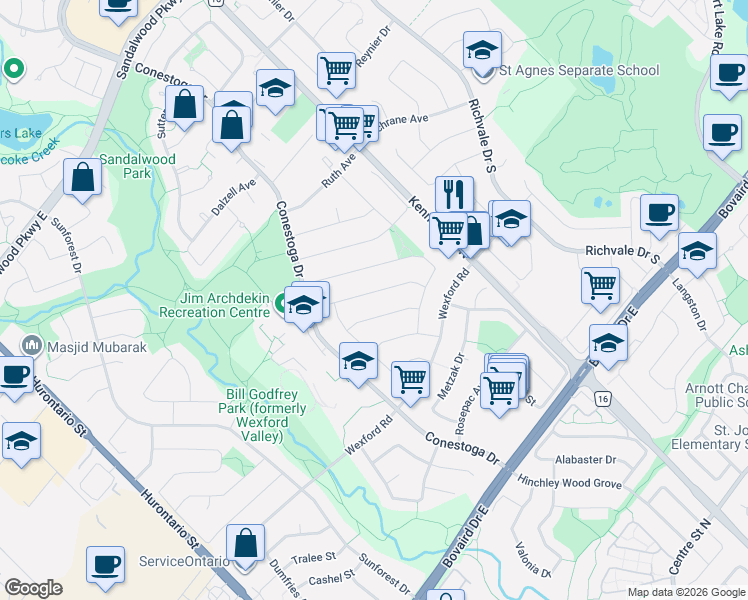 map of restaurants, bars, coffee shops, grocery stores, and more near 38 Ebby Avenue in Brampton