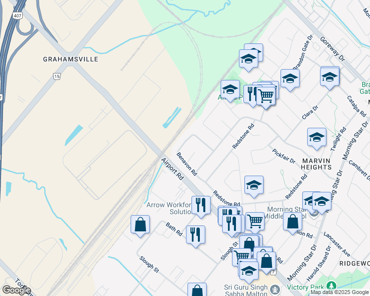 map of restaurants, bars, coffee shops, grocery stores, and more near 7709 Benavon Road in Mississauga