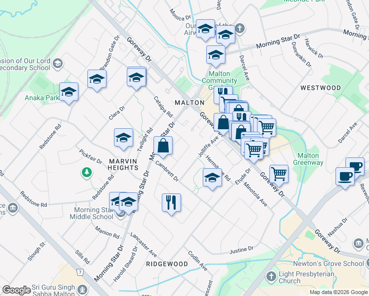 map of restaurants, bars, coffee shops, grocery stores, and more near 7308 Drifton Crescent in Mississauga