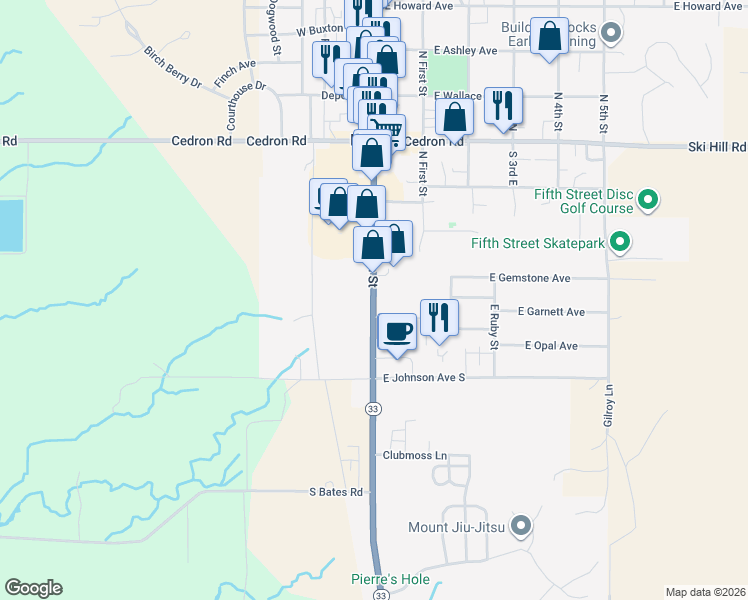 map of restaurants, bars, coffee shops, grocery stores, and more near 185 S Main St in Driggs