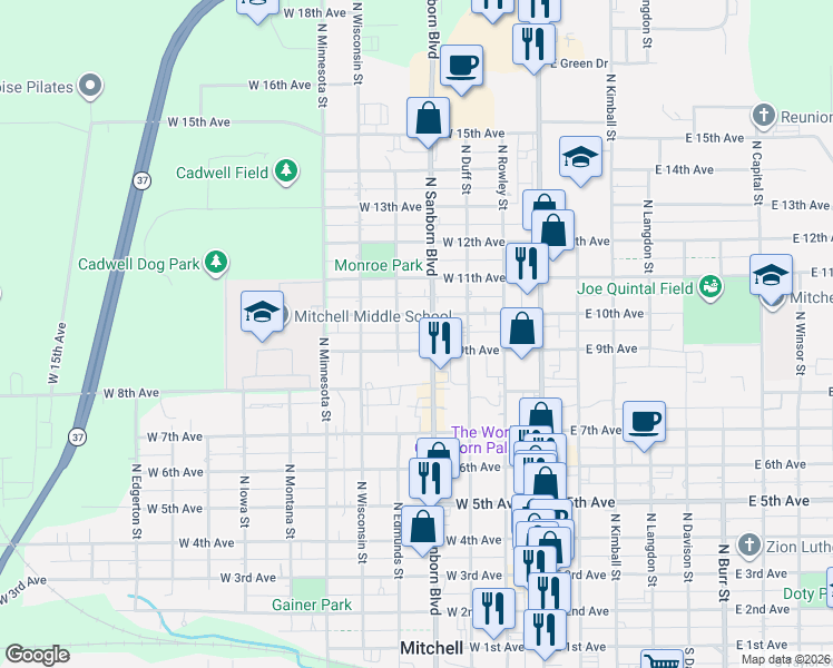 map of restaurants, bars, coffee shops, grocery stores, and more near 800-898 North Edmunds Street in Mitchell