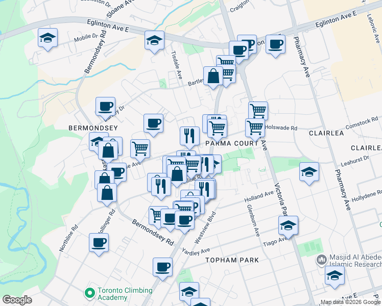 map of restaurants, bars, coffee shops, grocery stores, and more near 79 Sunrise Avenue in Toronto