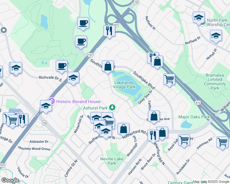 map of restaurants, bars, coffee shops, grocery stores, and more near 43 Stoneylake Avenue in Brampton