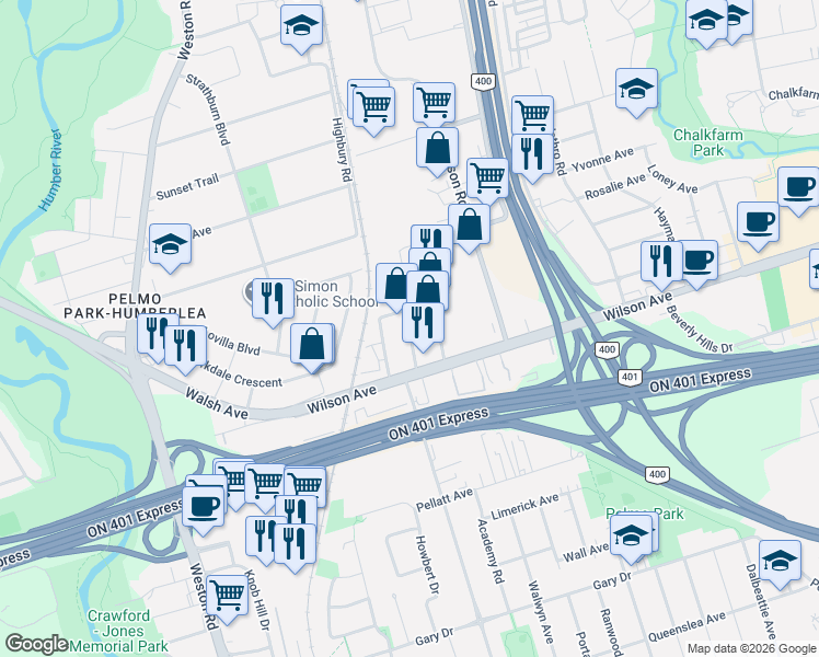 map of restaurants, bars, coffee shops, grocery stores, and more near 17 Oakland Avenue in Toronto