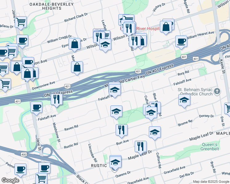 map of restaurants, bars, coffee shops, grocery stores, and more near in Toronto