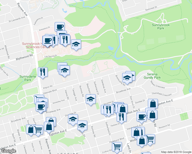 map of restaurants, bars, coffee shops, grocery stores, and more near 146 Glenvale Boulevard in Toronto