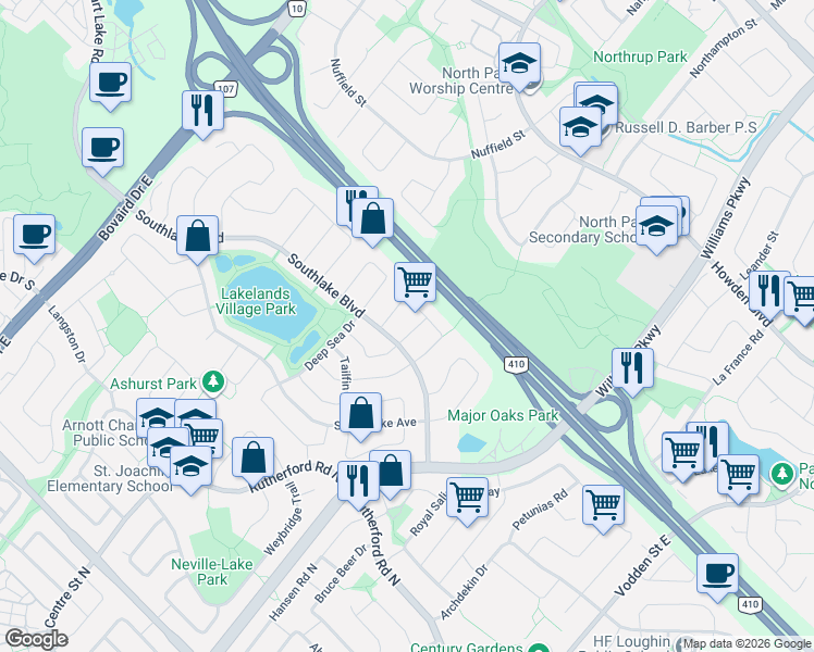 map of restaurants, bars, coffee shops, grocery stores, and more near 10 Rainy Dale Road in Brampton