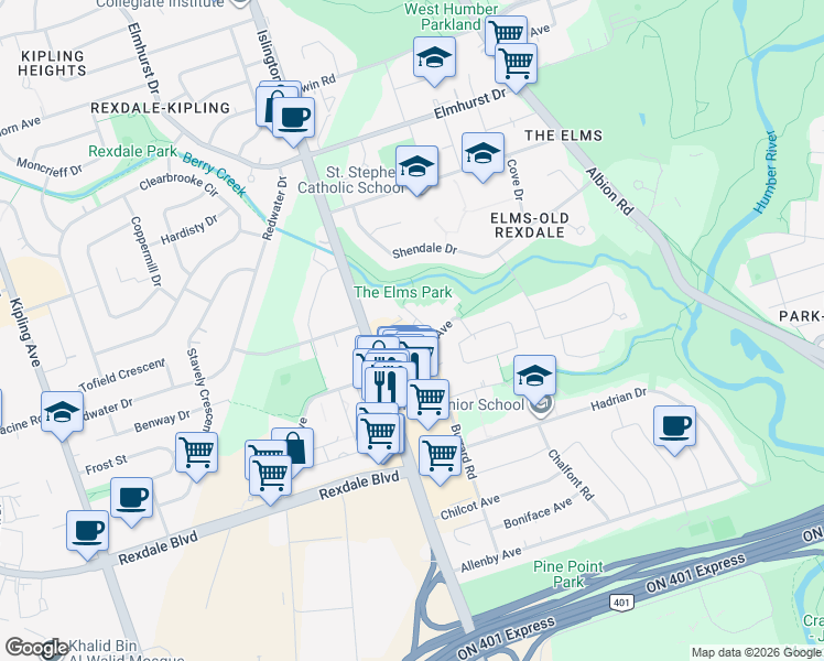 map of restaurants, bars, coffee shops, grocery stores, and more near 6 Auburndale Court in Toronto