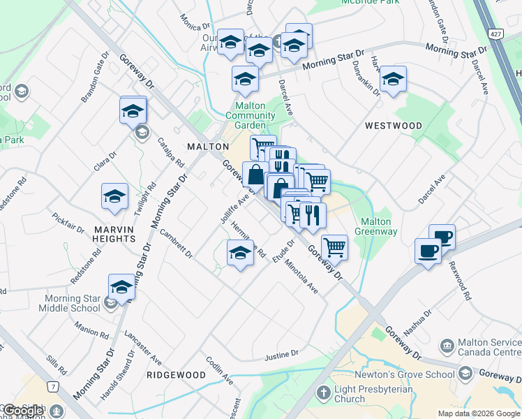 map of restaurants, bars, coffee shops, grocery stores, and more near 7255 Dooley Drive in Mississauga