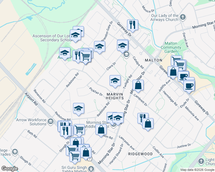 map of restaurants, bars, coffee shops, grocery stores, and more near 7434 Netherwood Road in Mississauga