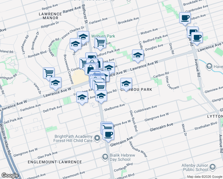 map of restaurants, bars, coffee shops, grocery stores, and more near in Toronto