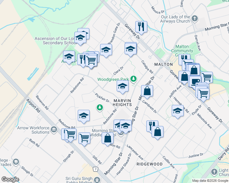 map of restaurants, bars, coffee shops, grocery stores, and more near 7461 Netherwood Road in Mississauga