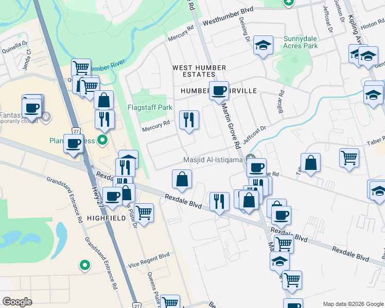 map of restaurants, bars, coffee shops, grocery stores, and more near in Toronto