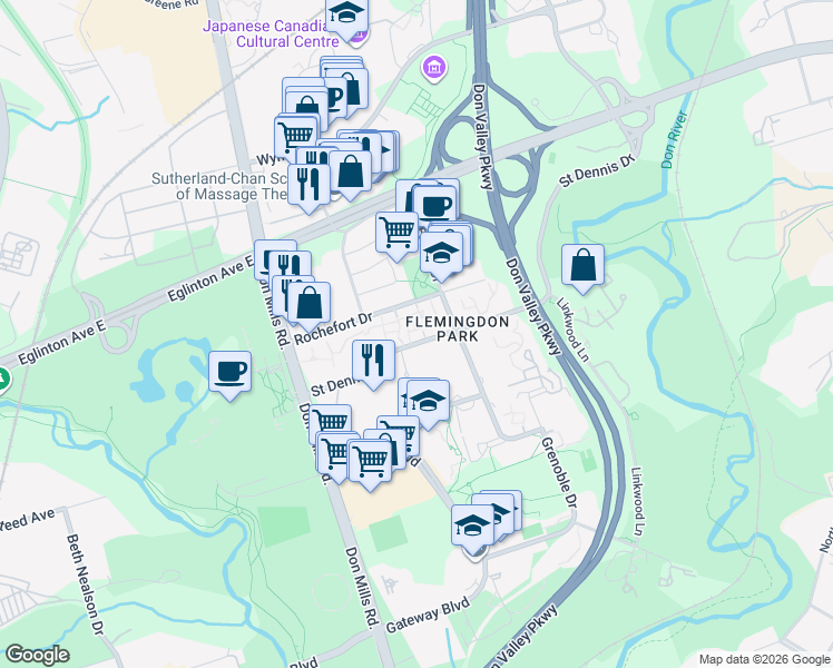 map of restaurants, bars, coffee shops, grocery stores, and more near 20 Saint Dennis Drive in Toronto