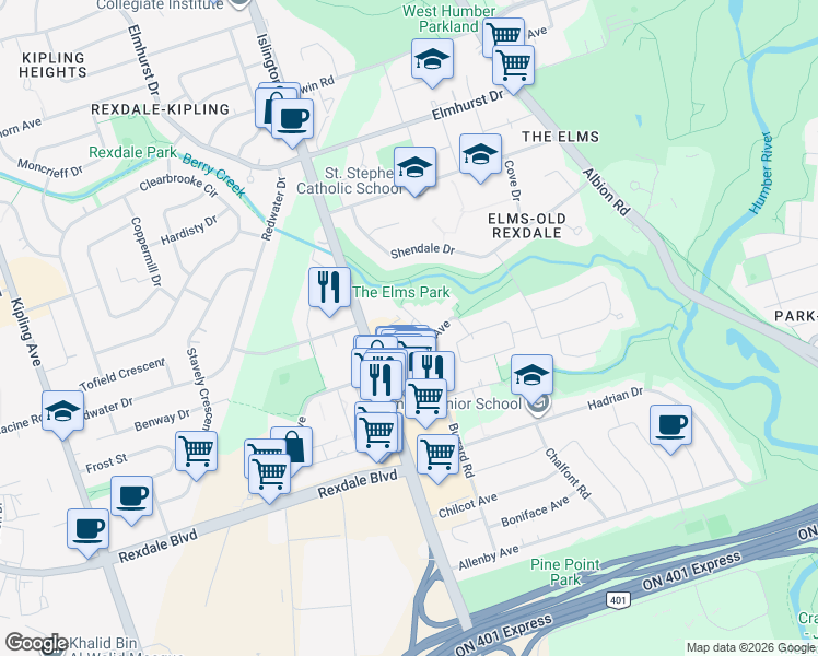 map of restaurants, bars, coffee shops, grocery stores, and more near 6 Auburndale Court in Toronto