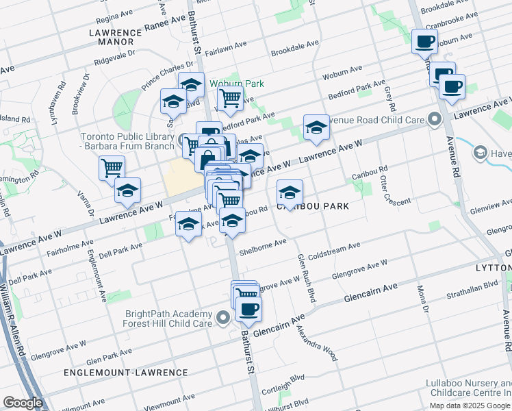 map of restaurants, bars, coffee shops, grocery stores, and more near in Toronto