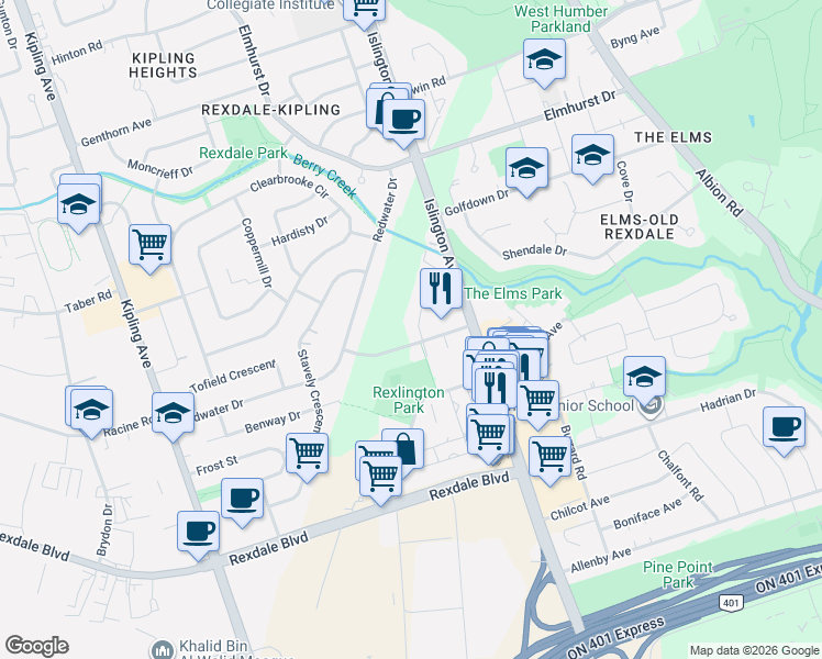 map of restaurants, bars, coffee shops, grocery stores, and more near in Toronto