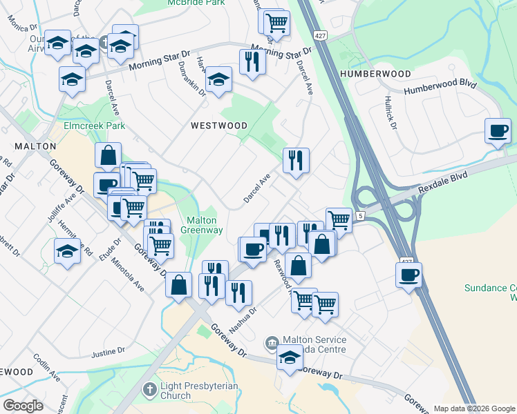 map of restaurants, bars, coffee shops, grocery stores, and more near in Mississauga