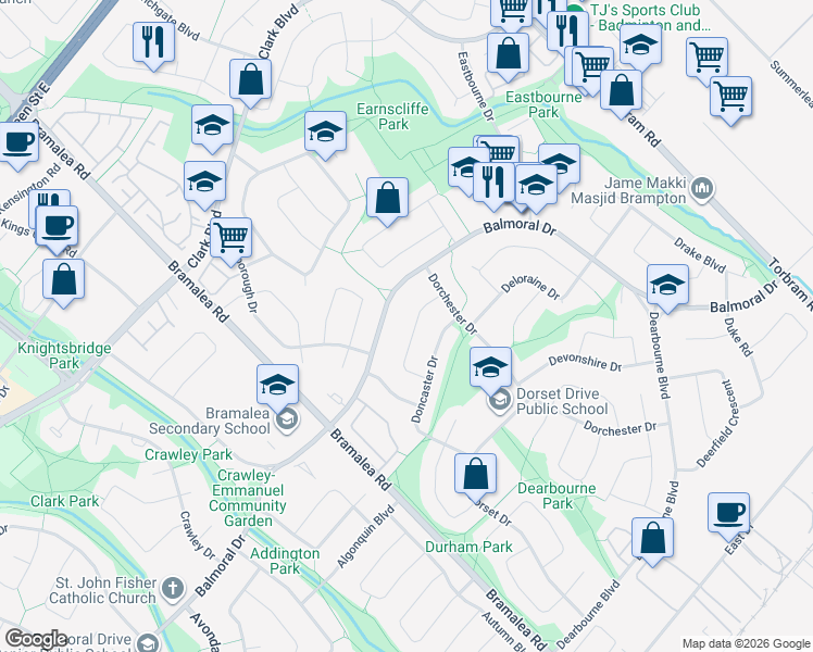 map of restaurants, bars, coffee shops, grocery stores, and more near 663 Balmoral Drive in Brampton