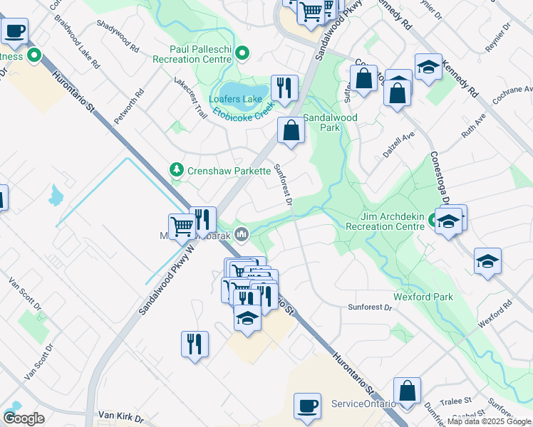 map of restaurants, bars, coffee shops, grocery stores, and more near 24 Townley Crescent in Brampton