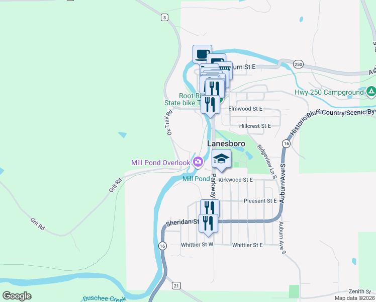 map of restaurants, bars, coffee shops, grocery stores, and more near 114 Norway Drive in Lanesboro