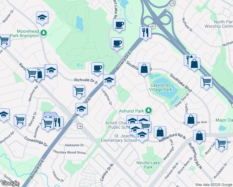 map of restaurants, bars, coffee shops, grocery stores, and more near 27 Saturn Drive in Brampton