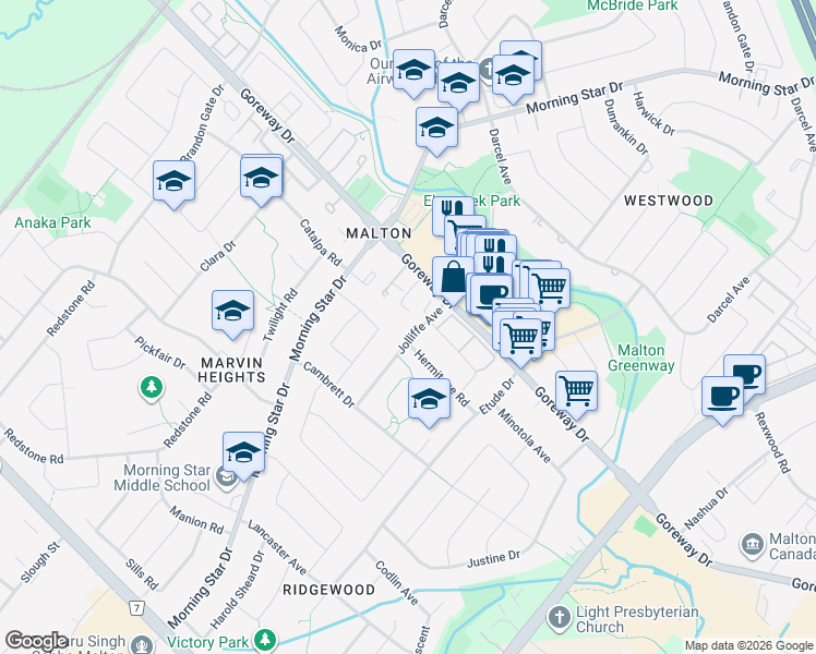 map of restaurants, bars, coffee shops, grocery stores, and more near 3405 Jolliffe Avenue in Mississauga