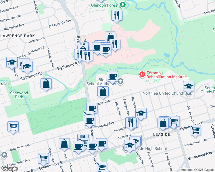 map of restaurants, bars, coffee shops, grocery stores, and more near 21 Burkebrook Place in Toronto