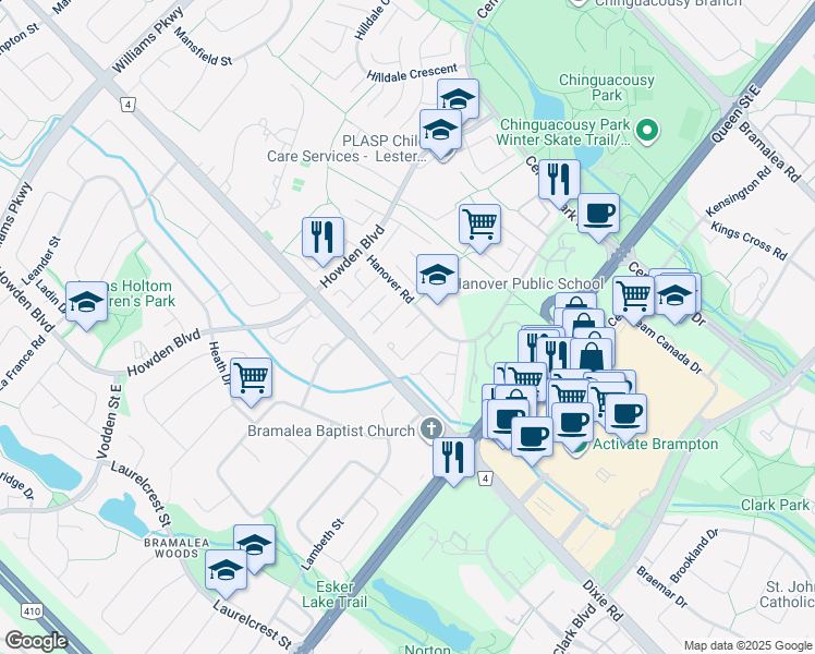 map of restaurants, bars, coffee shops, grocery stores, and more near 1 Hastings Square in Brampton