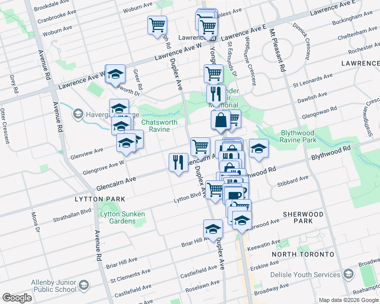 map of restaurants, bars, coffee shops, grocery stores, and more near 814 Duplex Avenue in Toronto