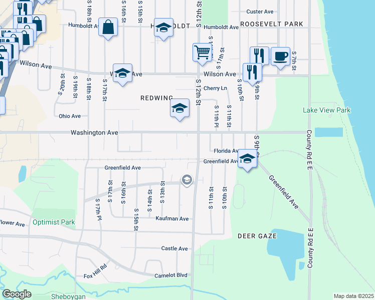 map of restaurants, bars, coffee shops, grocery stores, and more near 3434 South 12th Street in Sheboygan