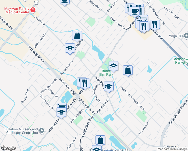 map of restaurants, bars, coffee shops, grocery stores, and more near Wanless Dr & Van Kirk Dr in Brampton