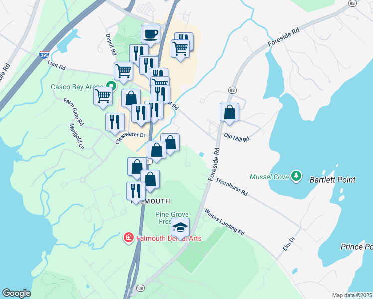 map of restaurants, bars, coffee shops, grocery stores, and more near 1 Foreside Village in Falmouth