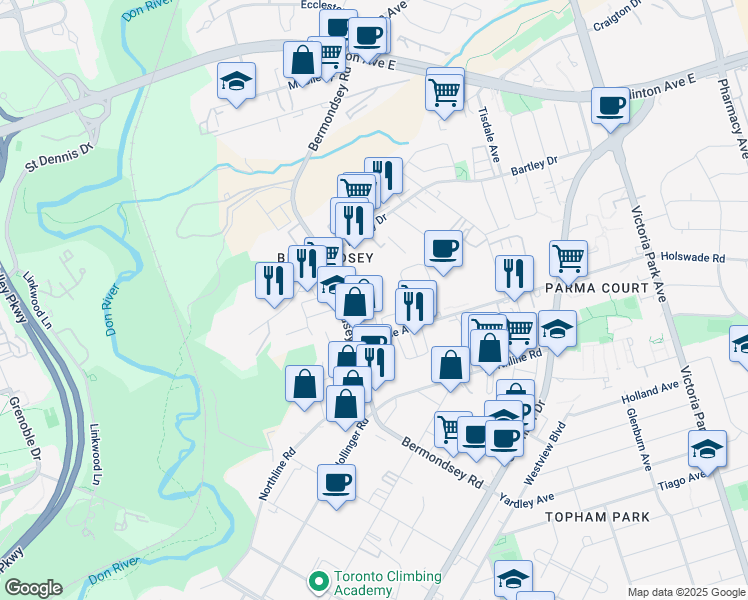 map of restaurants, bars, coffee shops, grocery stores, and more near in Toronto