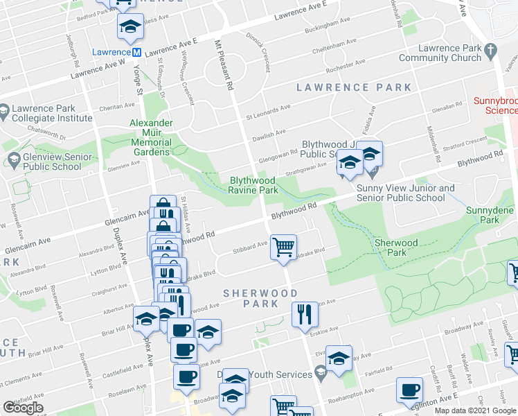 map of restaurants, bars, coffee shops, grocery stores, and more near in Toronto